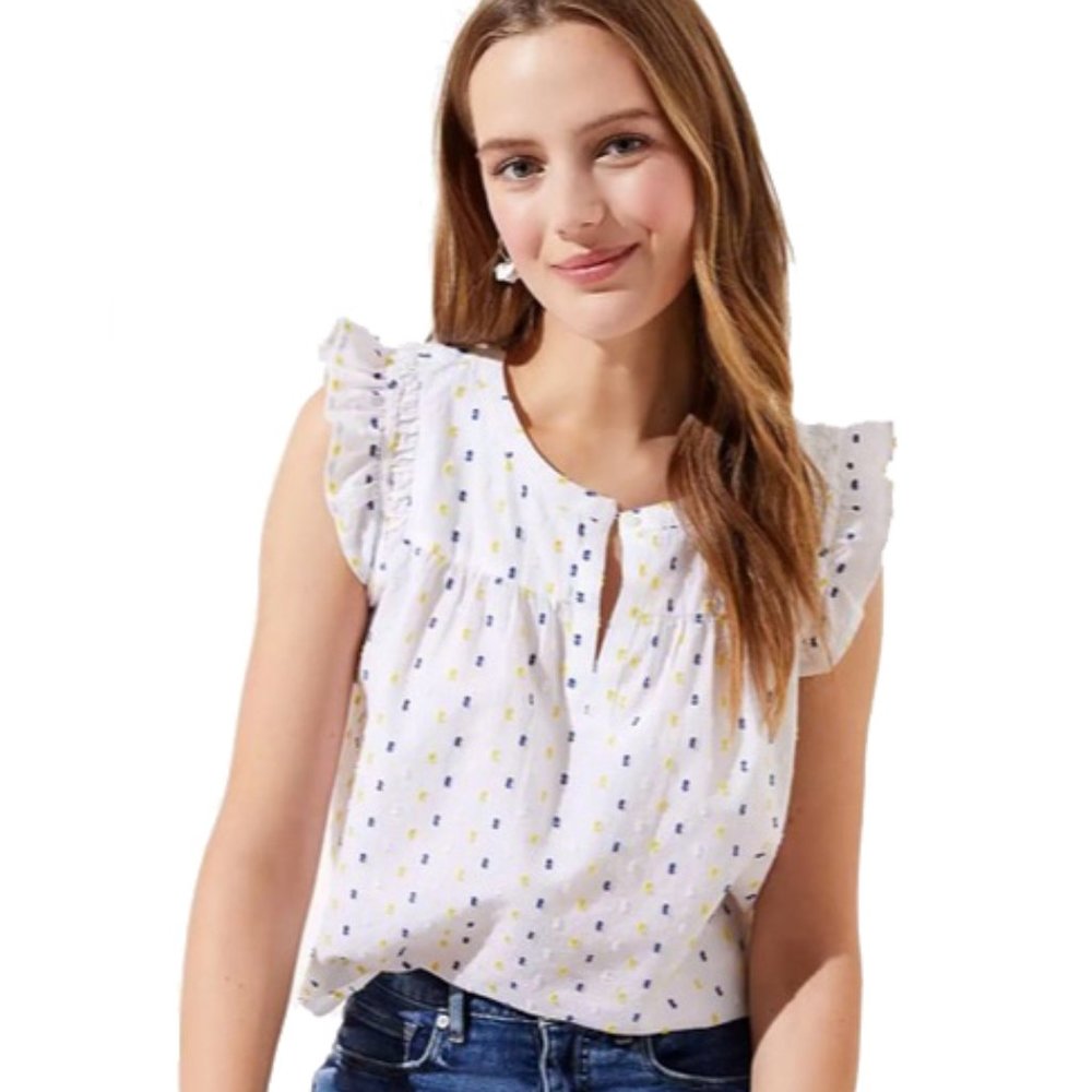 Ann Taylor LOFT Clip Dot Smocked Split Neck Shell, Size L